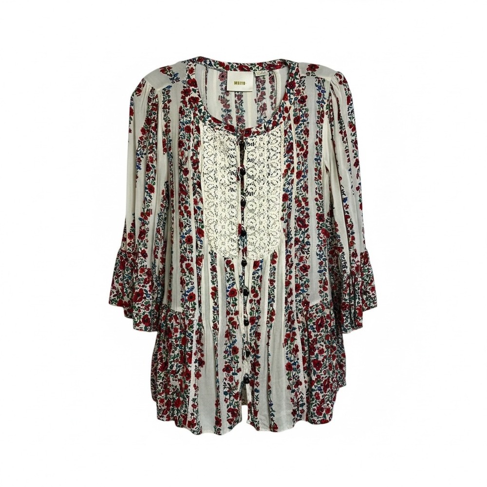 Maeve Anthropologie Floral Crochet Lace Peplum Tunic Blouse 3/4 Bell Sleeve 10